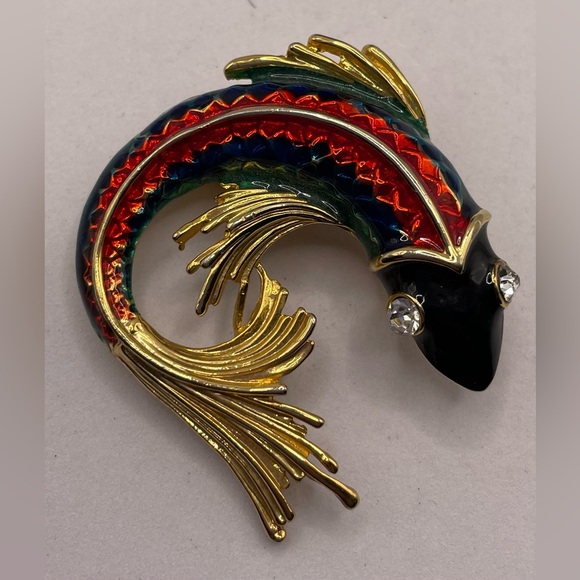 Vintage Jewelry - Vintage Koi Fish Gold Tone Red Blue Green Enamel Brooch Pin Clear Crystal Eyes